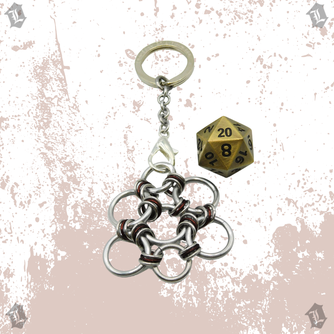 BRASS WITH BROWN INLAY SOLID METAL D20 KEYCHAIN DICE PRISON