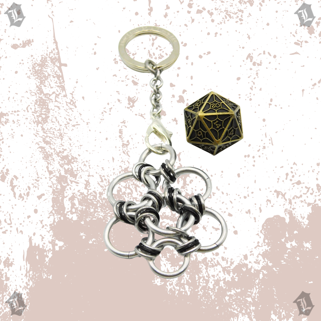 BRASS WEBBED SOLID METAL D20 KEYCHAIN DICE PRISON