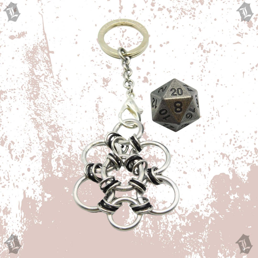 ANTIQUE SILVER SOLID METAL D20 KEYCHAIN DICE PRISON