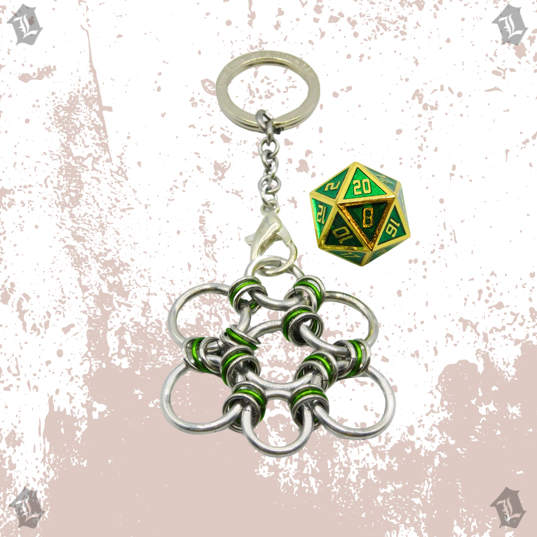 GREEN & GOLD SOLID METAL D20 KEYCHAIN DICE PRISON