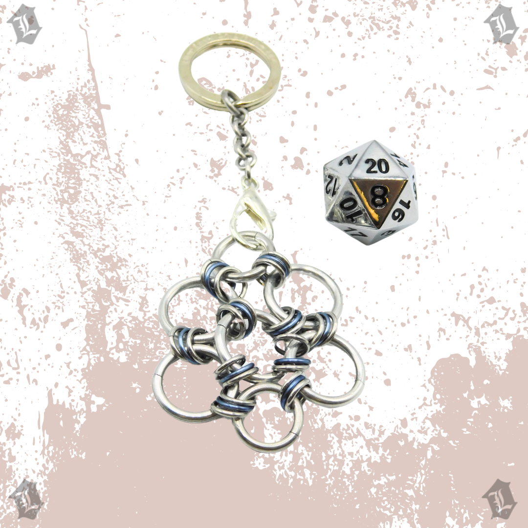 CHROME WITH BLACK INLAY SOLID METAL D20 KEYCHAIN DICE PRISON