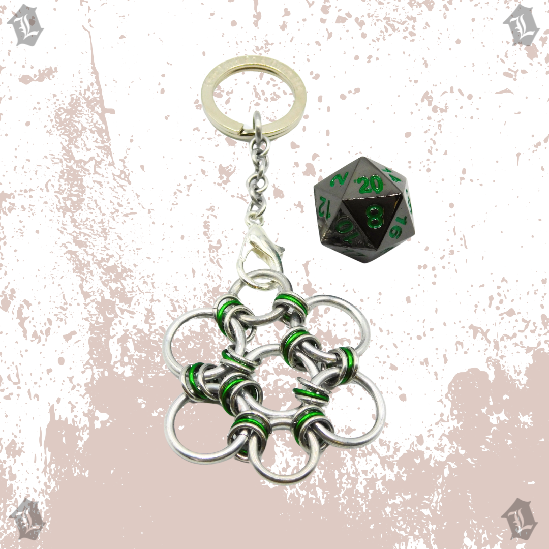 GUNMETAL WITH GREEN INLAY SOLID METAL D20 KEYCHAIN DICE PRISON