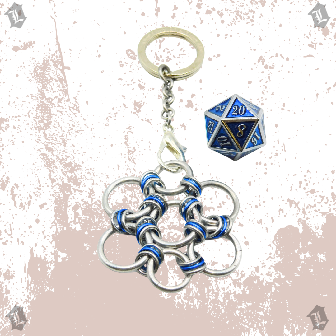 BLUE WITH SILVER INLAY SOLID METAL D20 KEYCHAIN DICE PRISON