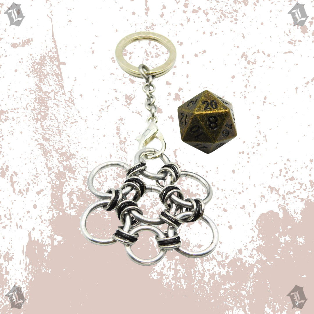 ANTIQUE BRASS WITH BLACK INLAY SOLID METAL D20 KEYCHAIN DICE PRISON