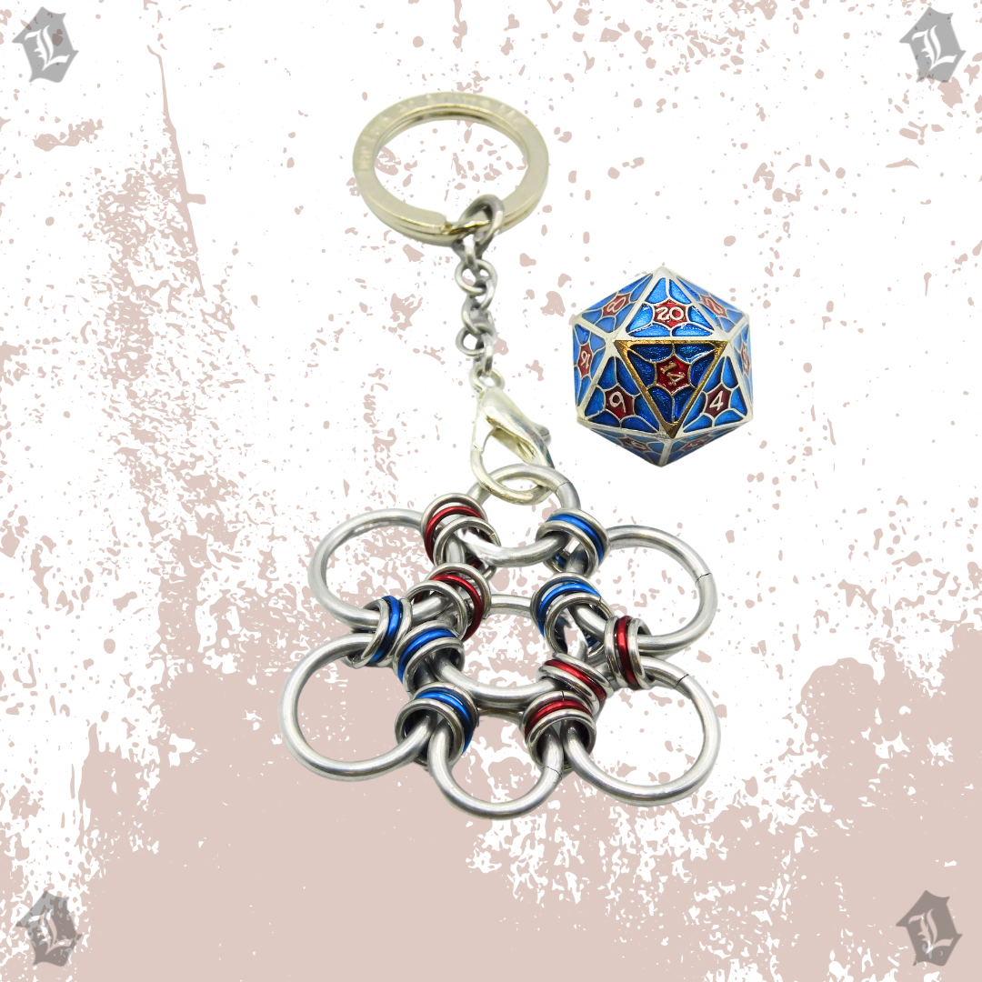 BLUE & RED WEBBED SOLID METAL D20 KEYCHAIN DICE PRISON