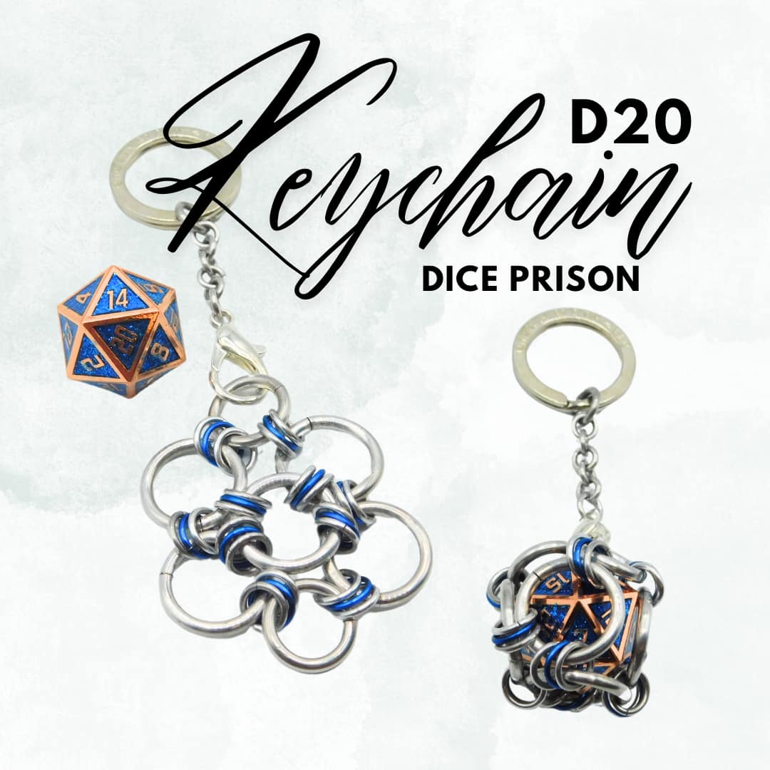BLUE GLITTER WITH COPPER SOLID METAL D20 KEYCHAIN DICE PRISON