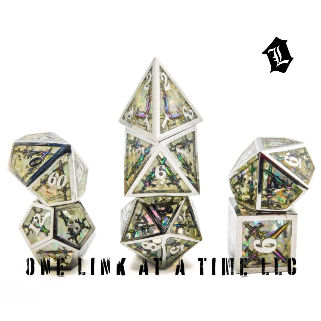 OIL SLICK 7PC SET OF RESIN FILLED HOLLOW METAL DICE