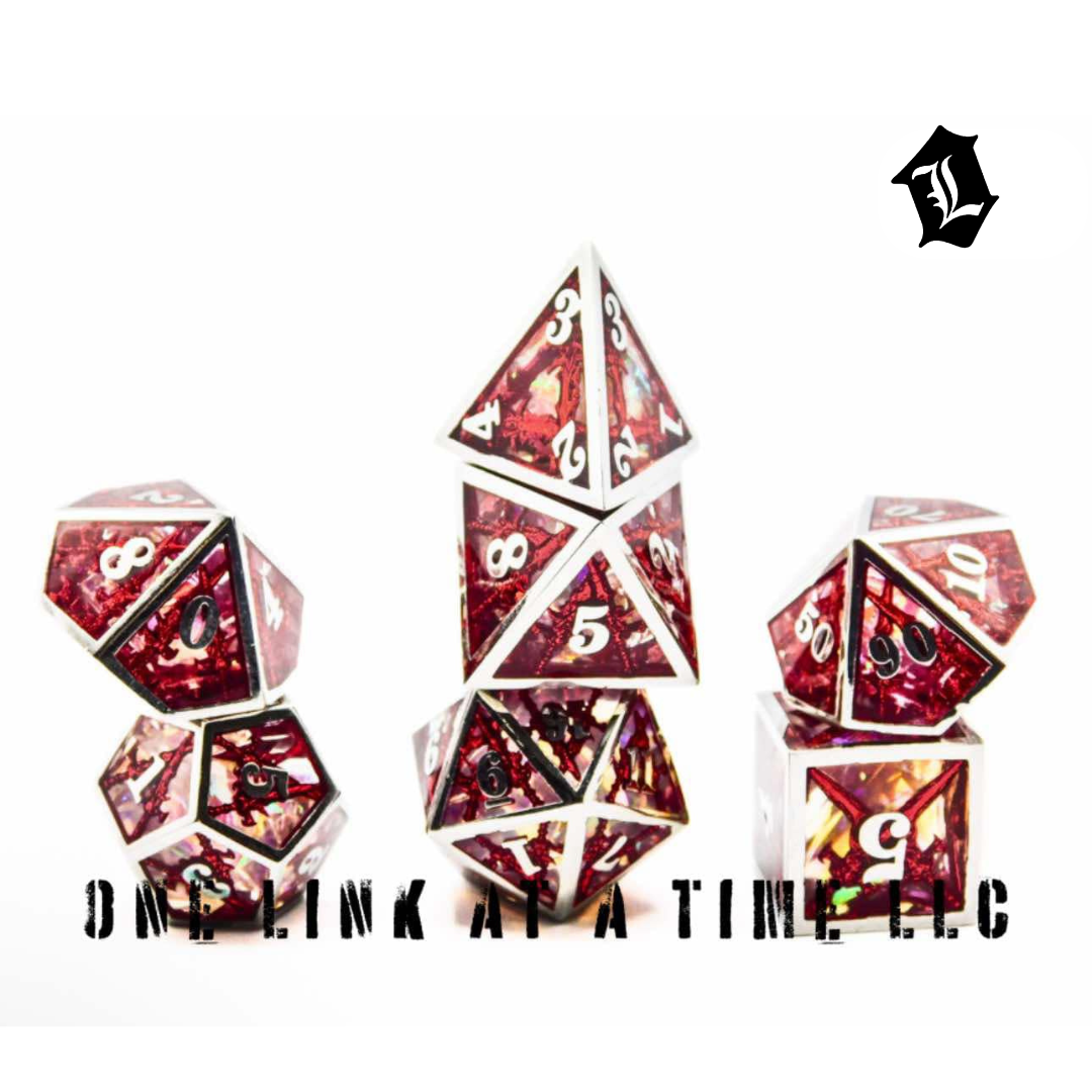 RED 7PC SET OF RESIN FILLED HOLLOW METAL DICE