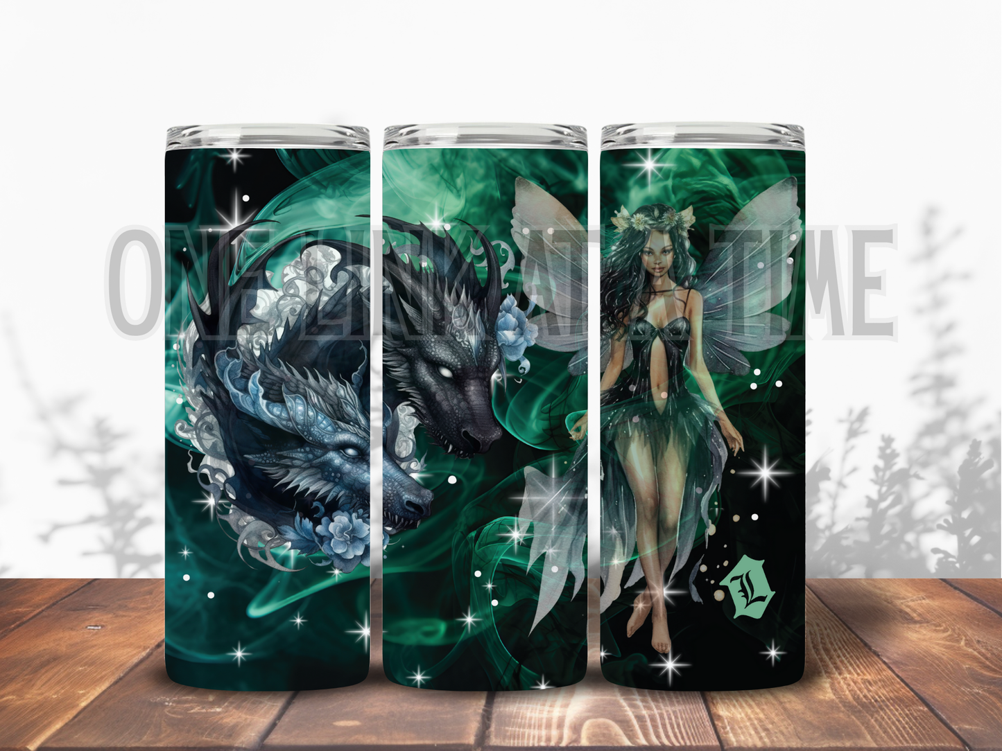 EMERALD PIXIE WITH DRAGONS BRANDED 20oz TUMBLER