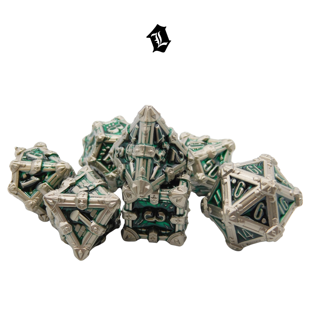 GREEN & SILVER SOLID METAL DICE SET