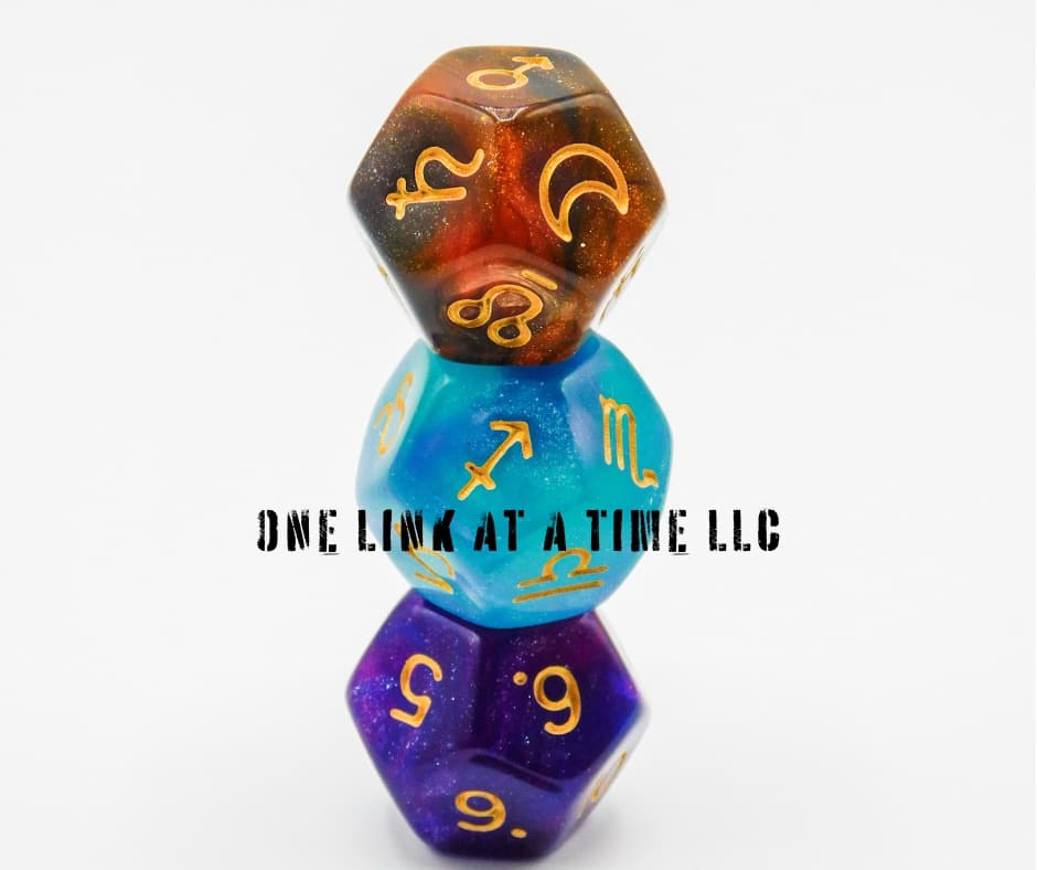 3PC SET OF ASTROLOGY [ASTRO] DICE - PURPLE/BLUE/BROWN