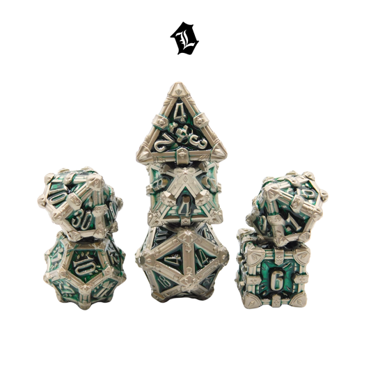GREEN & SILVER SOLID METAL DICE SET