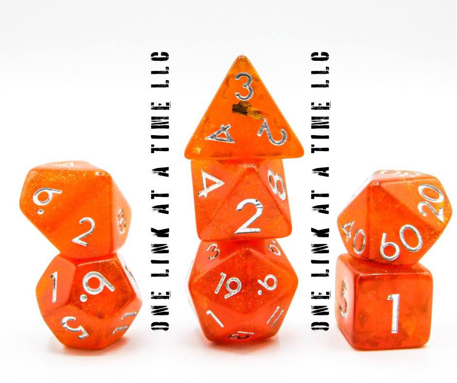 [ORANGE WITH GOLD FLAKES/SILVER INLAY] RESIN DICE SET