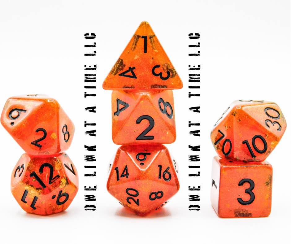 [ORANGE WITH GOLD FLAKES/BLACK INLAY] RESIN DICE SET