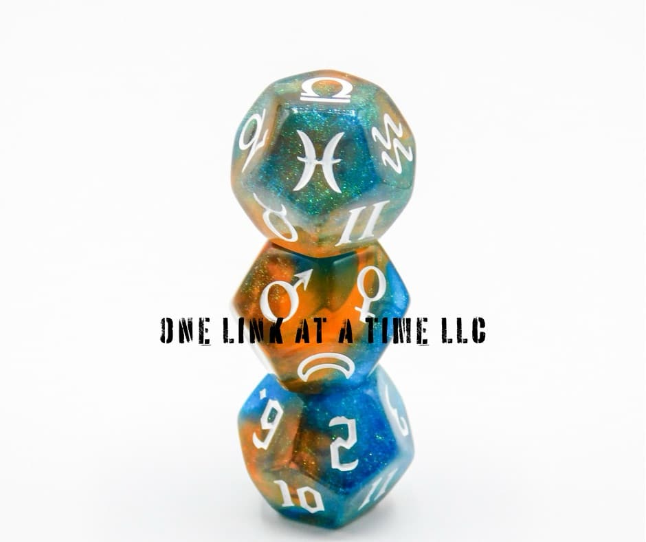 3PC SET OF ASTROLOGY [ASTRO] DICE -BLUE/ORANGE GREEN SHIMMER