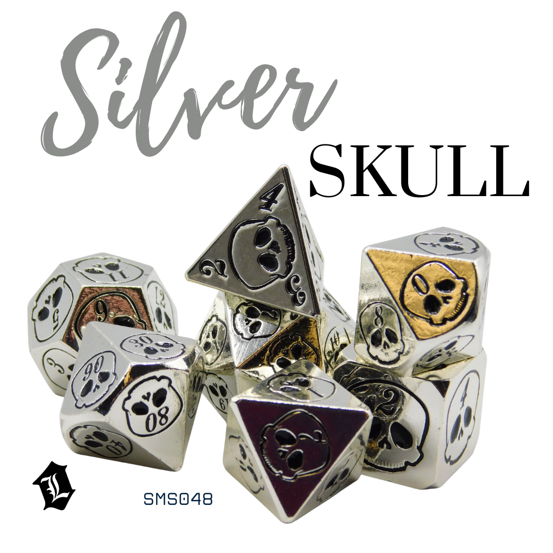 [SILVER SKULL] 7PC SOLID METAL DICE SET
