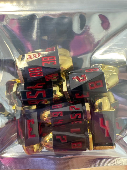 BLACK & RED SOLID METAL PEW DICE SET