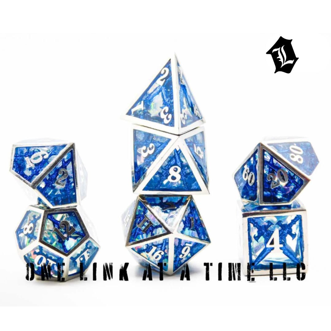 BLUE 7PC SET OF RESIN FILLED HOLLOW METAL DICE