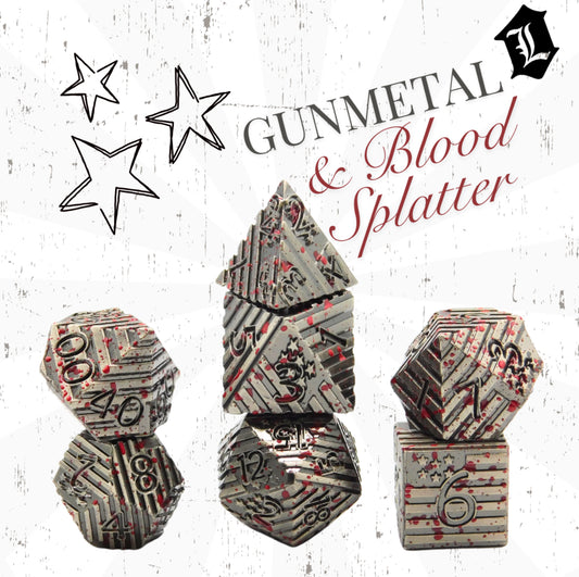 [FLAGS - GUNMETAL & BLOOD SPLATTER] SOLID METAL DICE SET