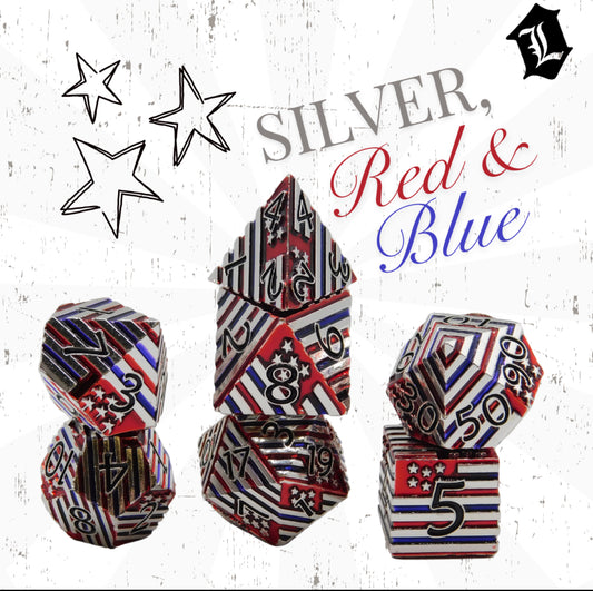 [FLAGS - SILVER, RED & BLUE] SOLID METAL DICE SET