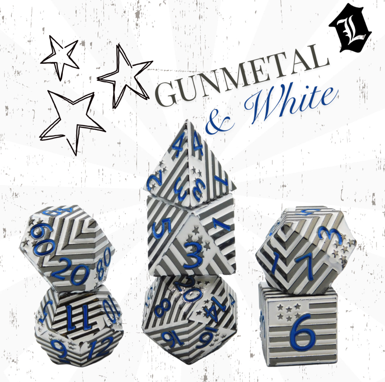 [FLAGS - GUNMETAL & WHITE] SOLID METAL DICE SET