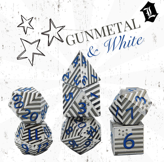[FLAGS - GUNMETAL & WHITE] SOLID METAL DICE SET