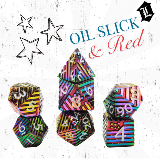 [FLAGS - OIL SLICK & RED] SOLID METAL DICE SET