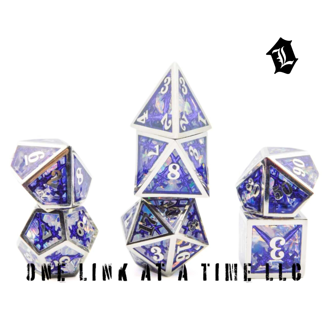 PURPLE  7PC SET OF RESIN FILLED HOLLOW METAL DICE