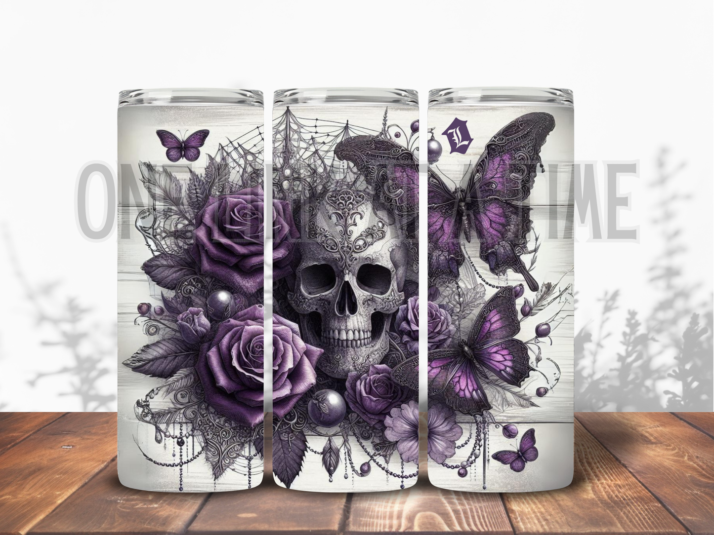 SKULL WITH PURPLE BUTTERFLIES BRANDED 20oz TUMBLER
