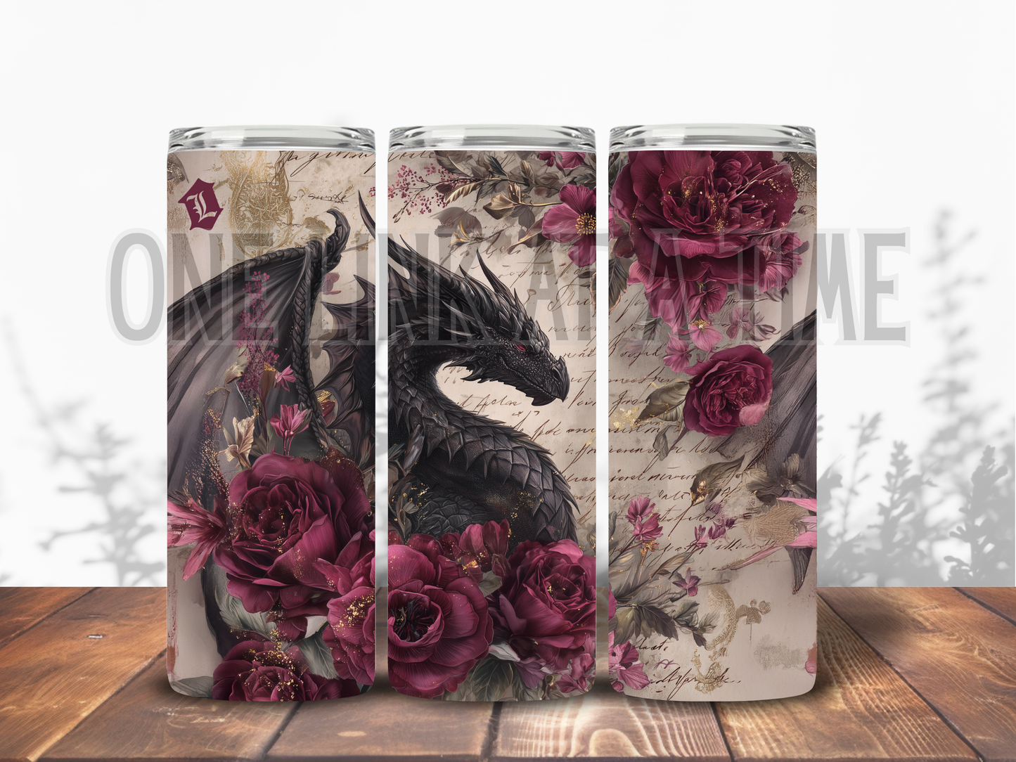 VINTAGE DRAGON WITH ROSES & SCRIPT BRANDED 20oz TUMBLER