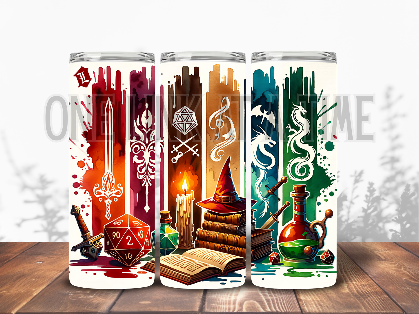 6 WATERCOLOR STRIPS WIZARD DRAGON BRANDED 20oz TUMBLER